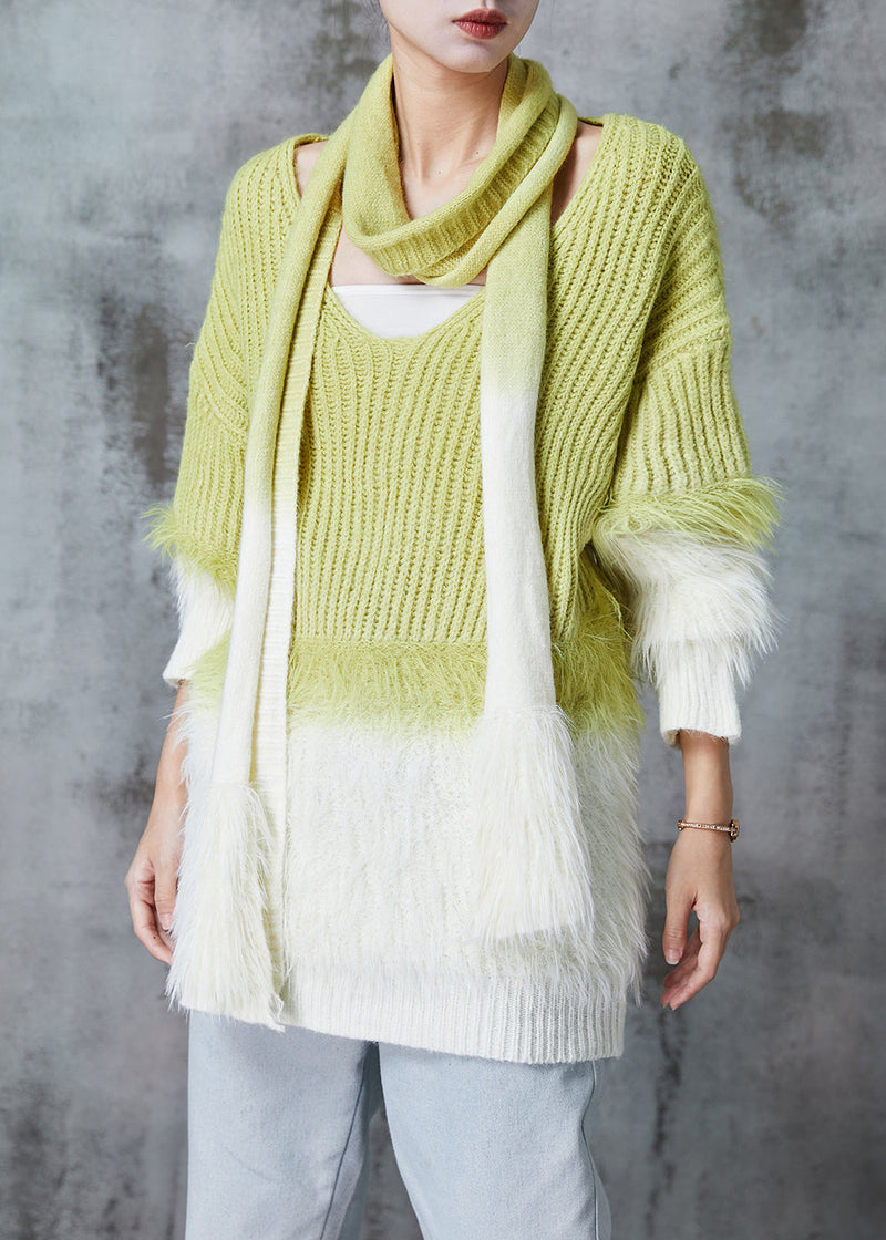 Grass Green Oversized Gradient Color Mink Velvet Knitted Sweaters Winter