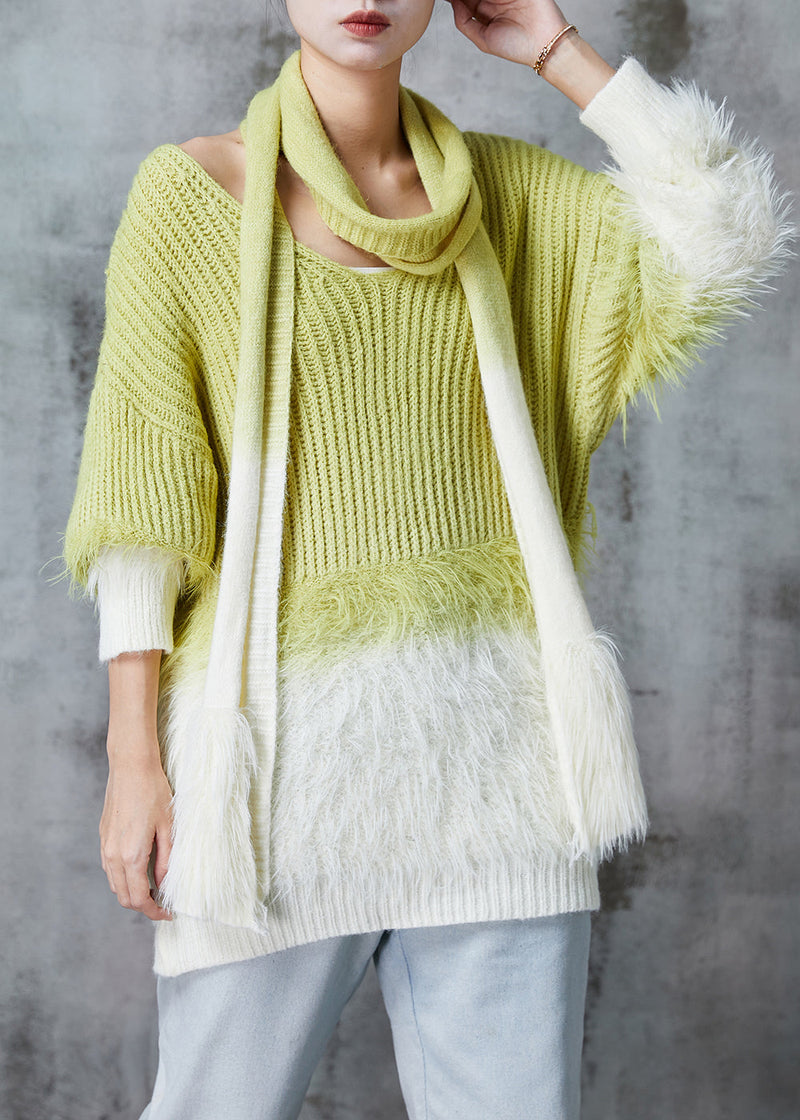 Grass Green Oversized Gradient Color Mink Velvet Knitted Sweaters Winter