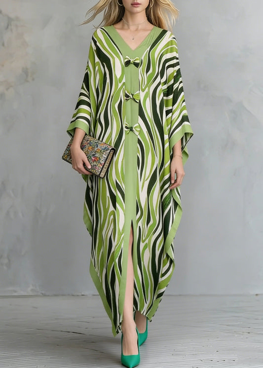 Grass Green Oversized Print Maxi Dresses Batwing Sleeve