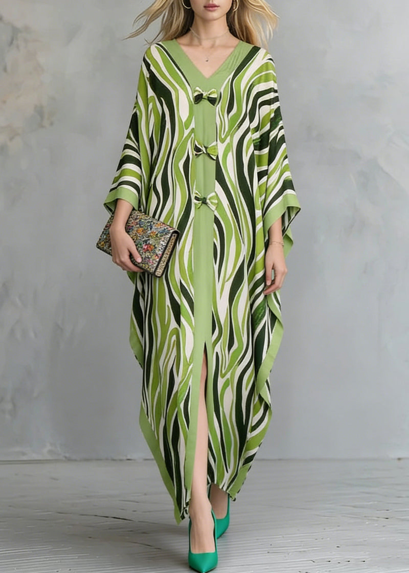 Grass Green Oversized Print Maxi Dresses Batwing Sleeve