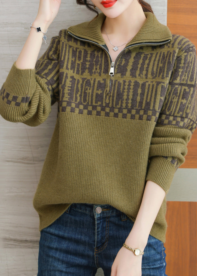 Grass Green Peter Pan Collar Zip Up Wool Knit Sweaters Fall