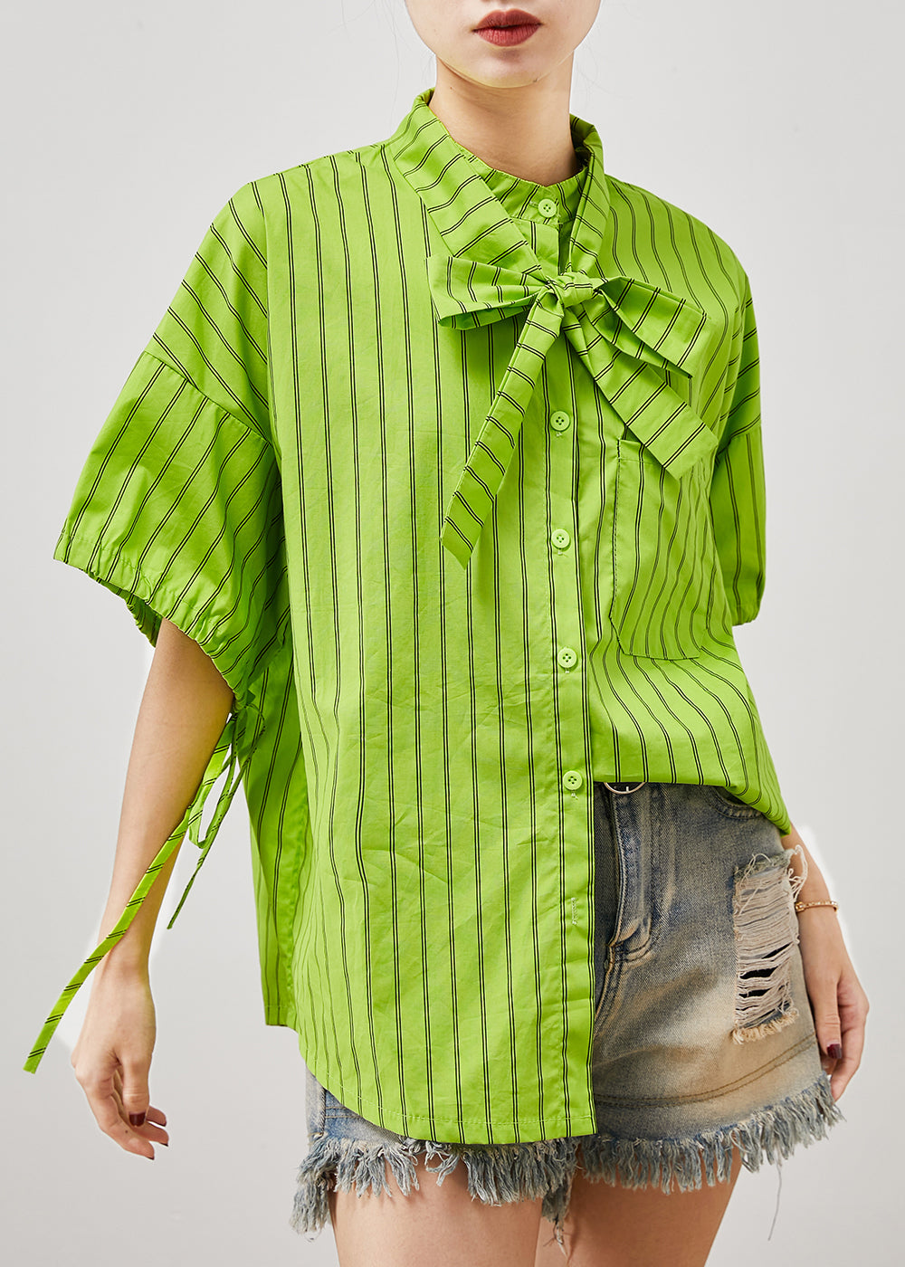 Grass Green Striped Cotton Shirt Tops Summer