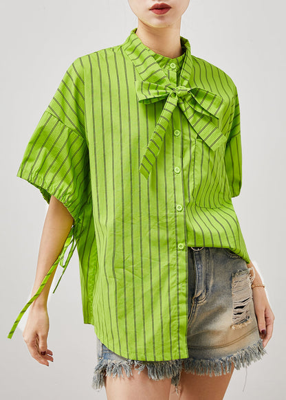 Grass Green Striped Cotton Shirt Tops Summer