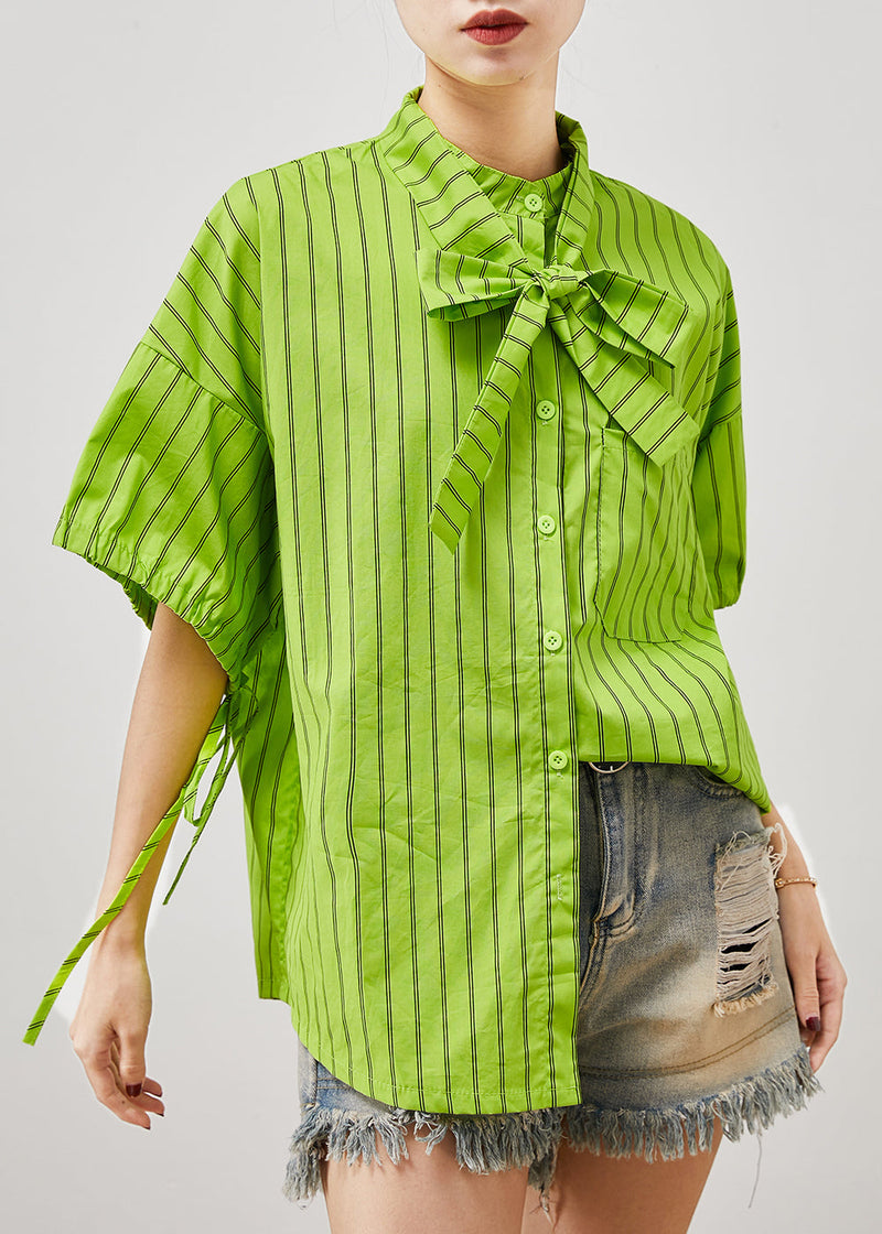 Grass Green Striped Cotton Shirt Tops Summer