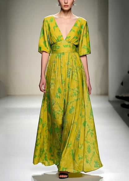 Grass Green V Neck Print Cotton Vacation Dresses Summer