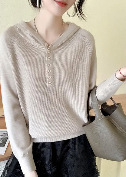 Green Button Hooded Knit Sweaters Spring