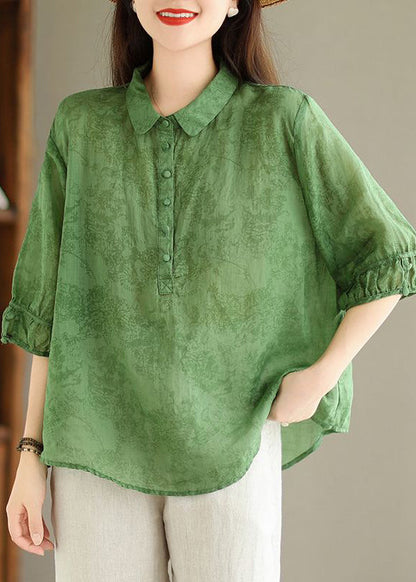 Green Button Print Linen Shirt Summer