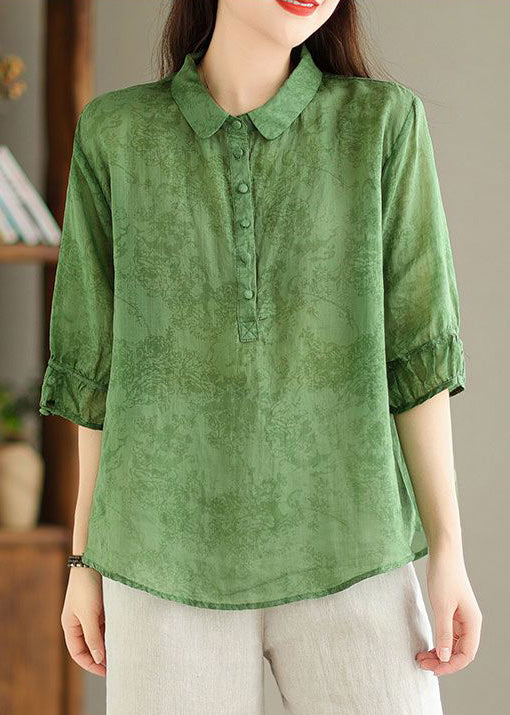 Green Button Print Linen Shirt Summer