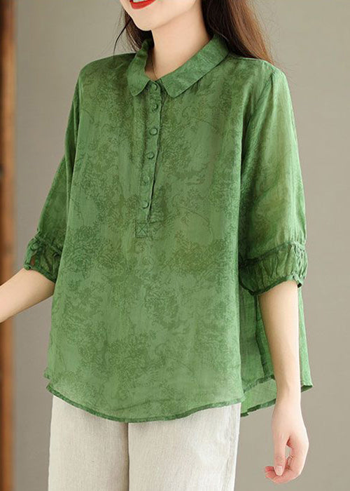 Green Button Print Linen Shirt Summer