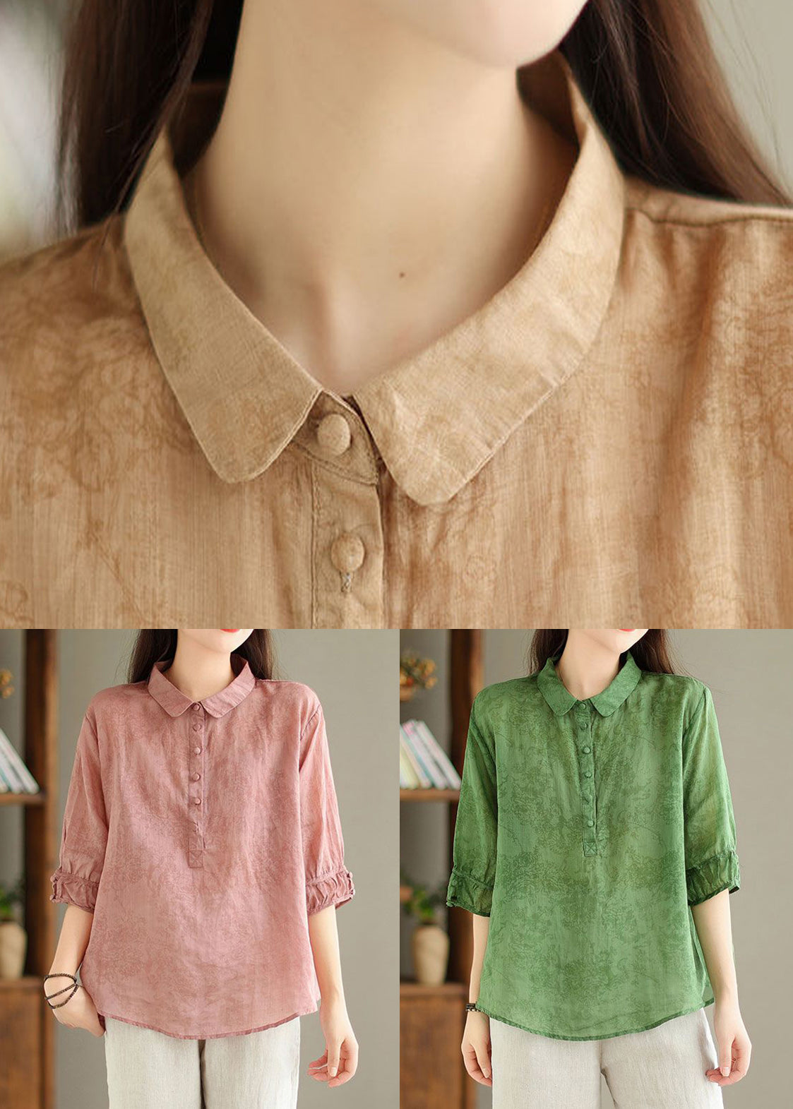 Green Button Print Linen Shirt Summer