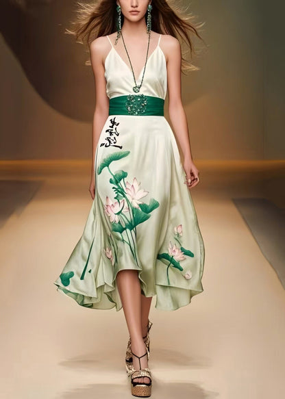 Green Cinched Lotus Leaf Print Silk Mini Dress Sleeveless