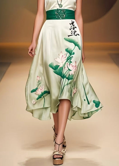 Green Cinched Lotus Leaf Print Silk Mini Dress Sleeveless