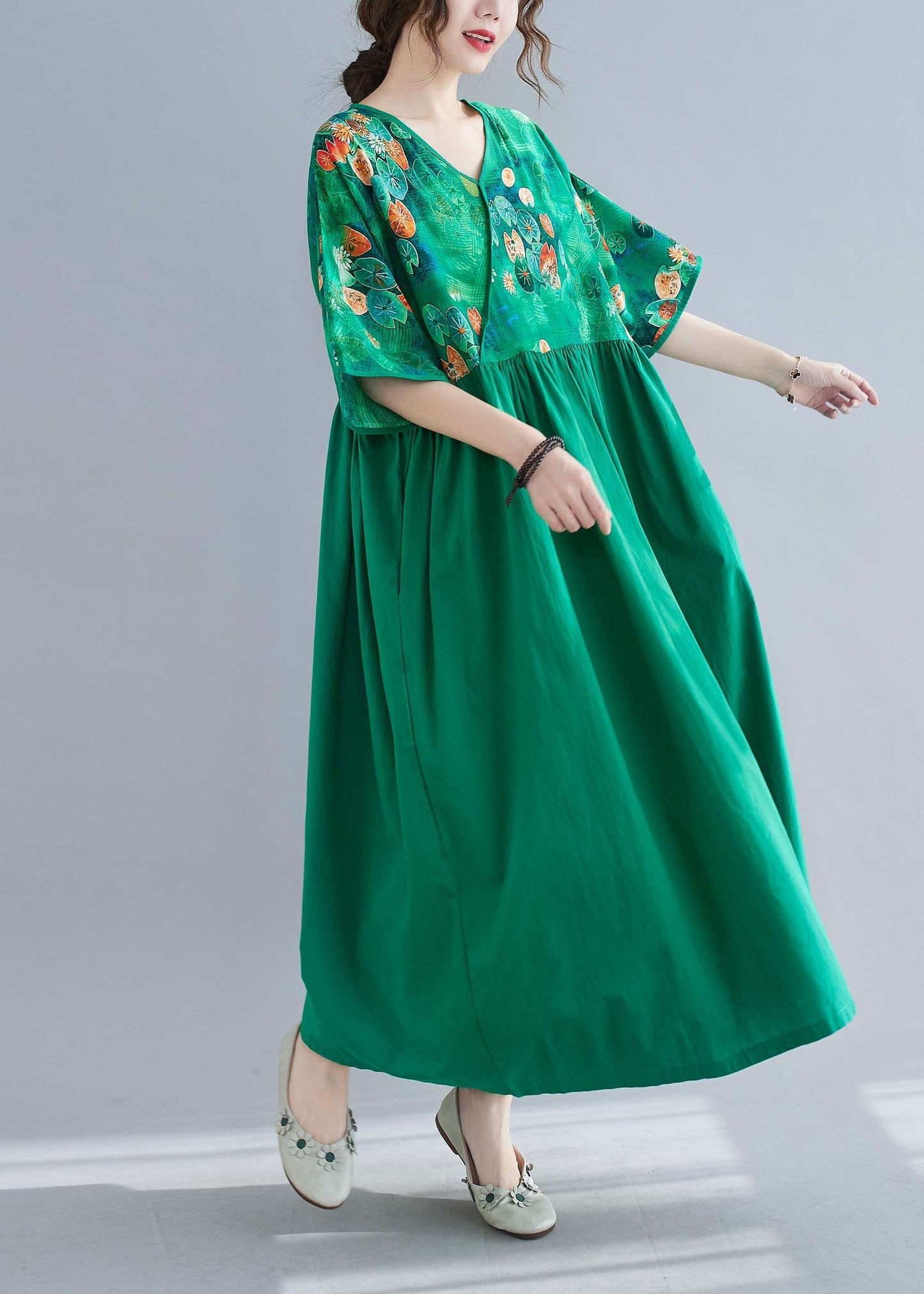 Green Cinched Print Long Dress Half Sleeve