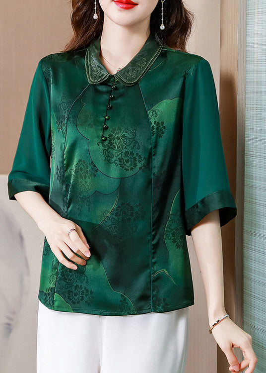 Green Double-layer Collar Patchwork Print Silk Top Half Sleeve