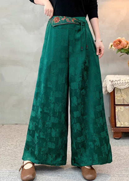 Green Embroidered Silk Wide Leg Pants Spring