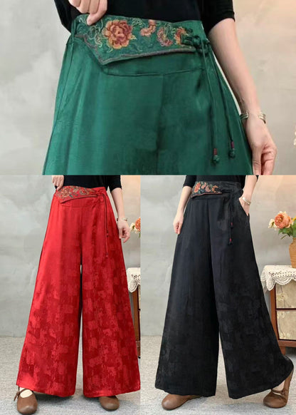 Green Embroidered Silk Wide Leg Pants Spring