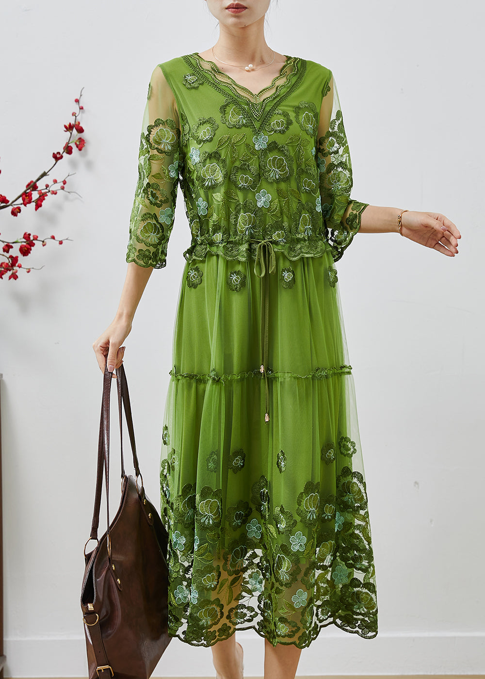Green Embroidered Tulle Cinched Dress Summer