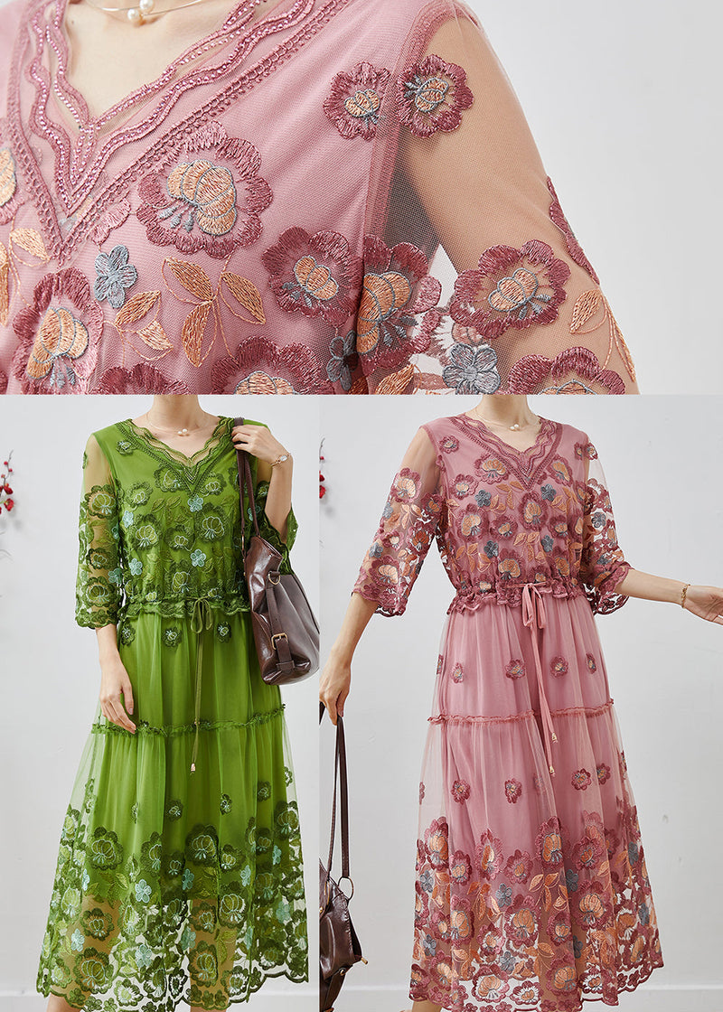 Green Embroidered Tulle Cinched Dress Summer