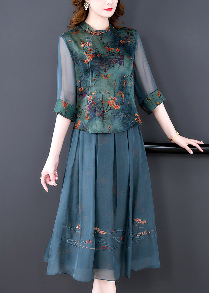 Green Embroidered Button Silk Shirts and Maxi Skirts Two Pieces Set Half Sleeve