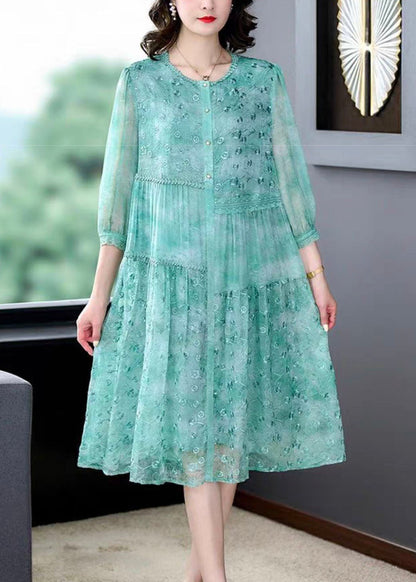Green Embroideried Patchwork Silk Mid Dress Summer