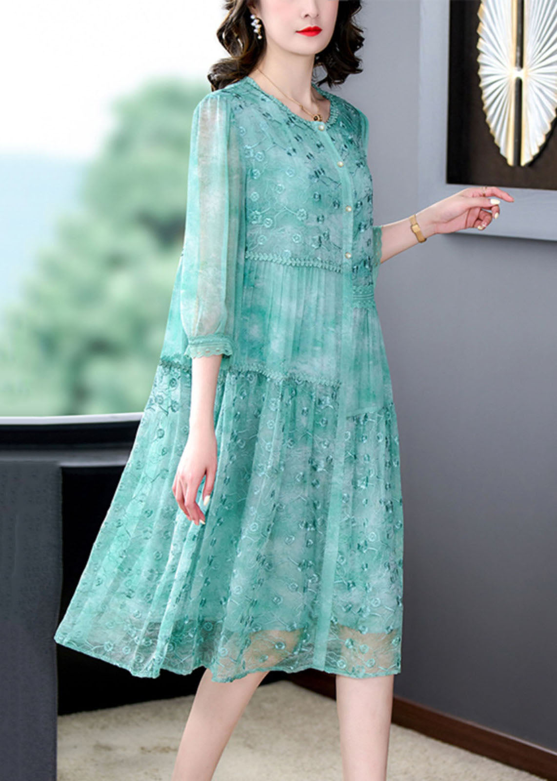 Green Embroideried Patchwork Silk Mid Dress Summer