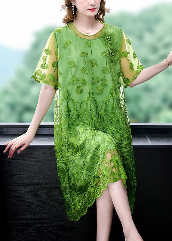 Green Embroideried Patchwork Tulle Dresses Short Sleeve
