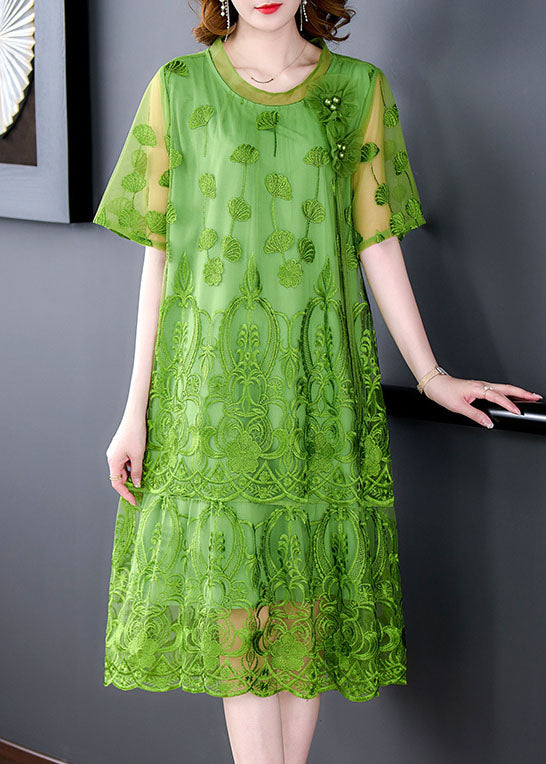 Green Embroideried Patchwork Tulle Dresses Short Sleeve