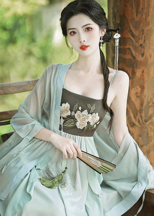 Green Embroideried Ruffled Cardigans and Spaghetti Strap Dress Chiffon Two Pieces Set Fall