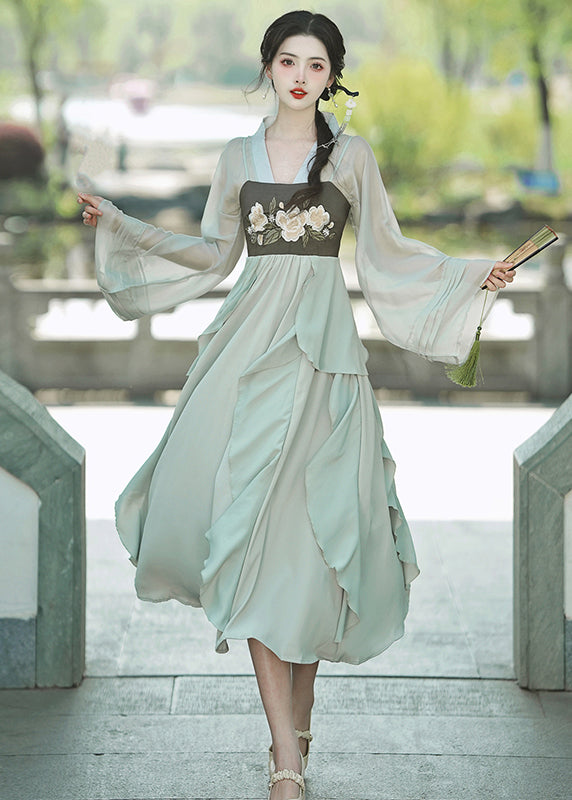 Green Embroideried Ruffled Cardigans and Spaghetti Strap Dress Chiffon Two Pieces Set Fall