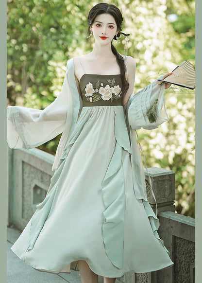 Green Embroideried Ruffled Cardigans and Spaghetti Strap Dress Chiffon Two Pieces Set Fall