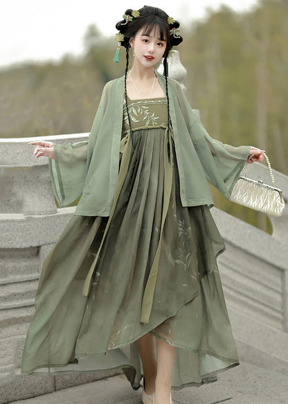Green Embroideried Tops and Spaghetti Strap Dress Two Pieces Set Fall