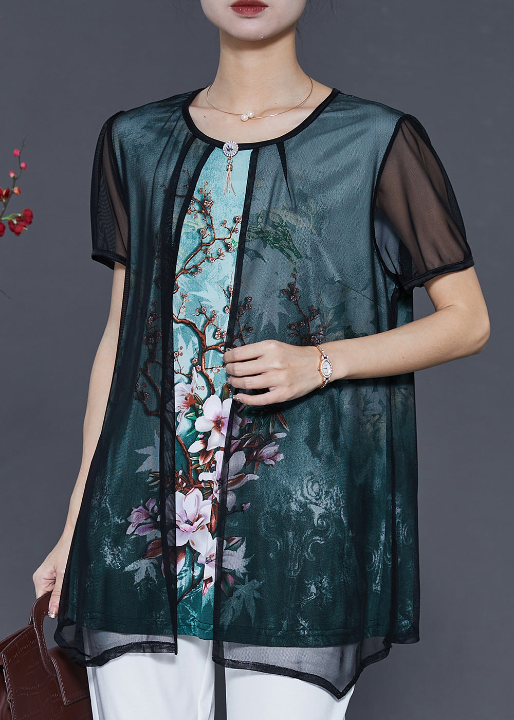 Green Flower Tulle Fake Two Piece Shirt Tops Summer