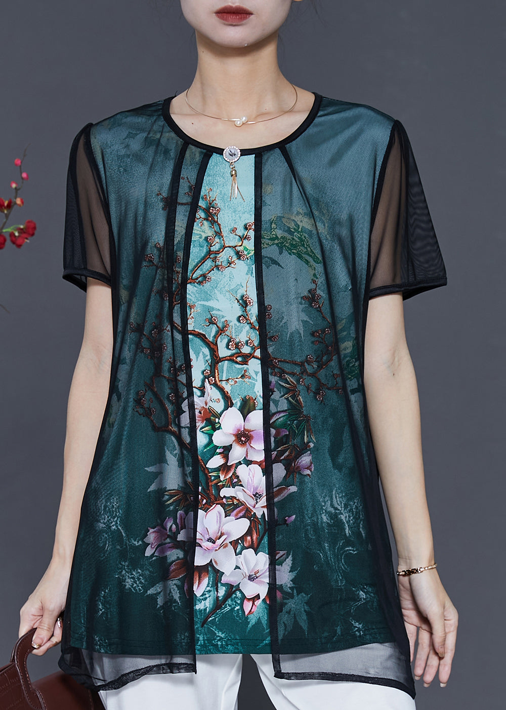 Green Flower Tulle Fake Two Piece Shirt Tops Summer