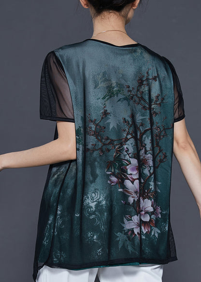 Green Flower Tulle Fake Two Piece Shirt Tops Summer