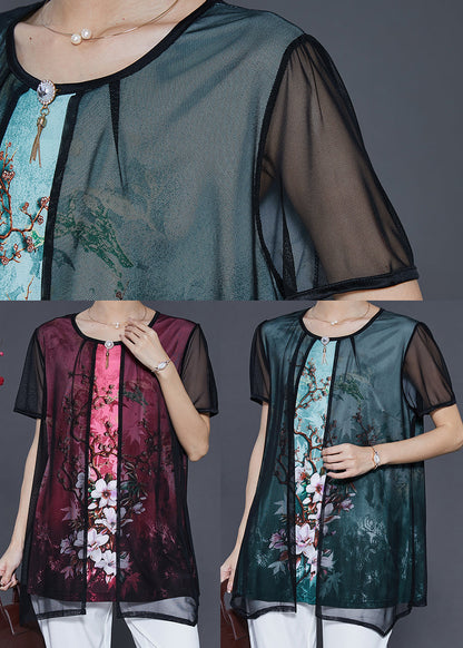 Green Flower Tulle Fake Two Piece Shirt Tops Summer