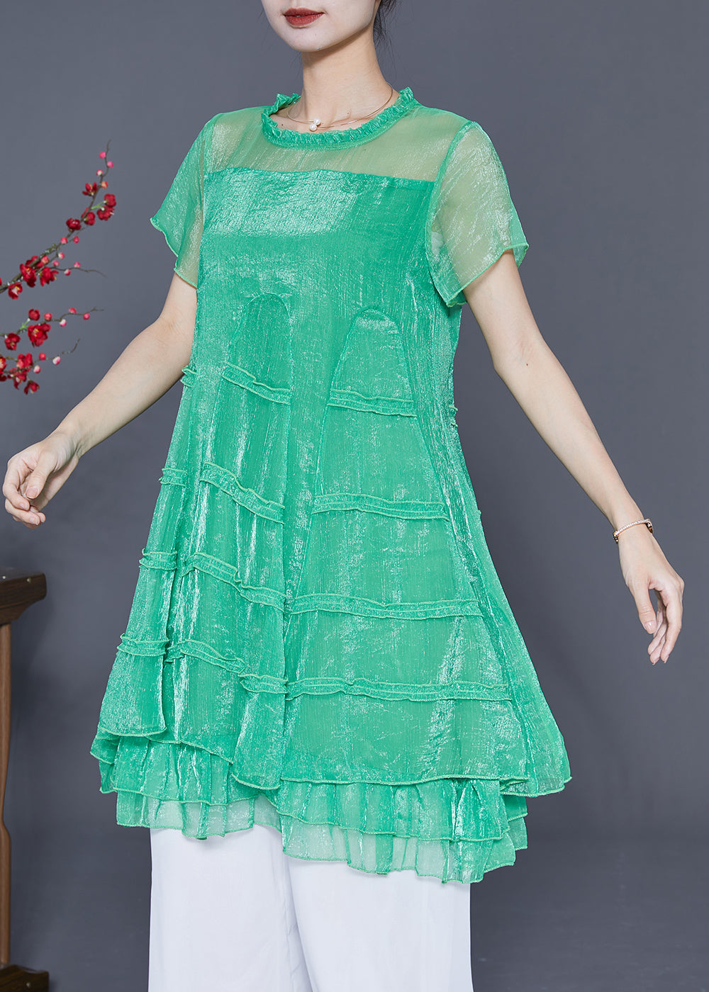 Green Hollow Out Patchwork Layered Design Tulle a Line Dress Summer