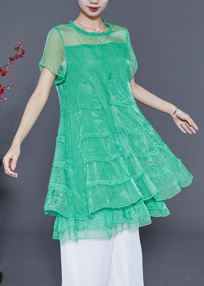Green Hollow Out Patchwork Layered Design Tulle a Line Dress Summer