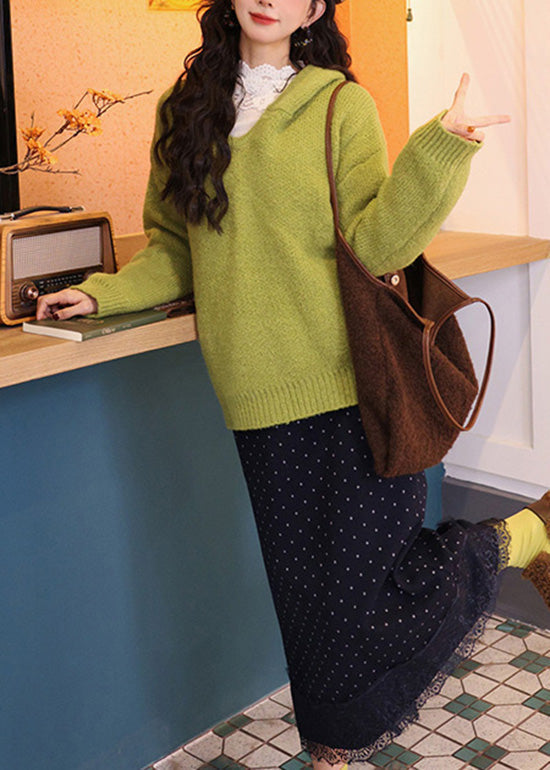 Green Hooded Loose Knit Sweaters Spring