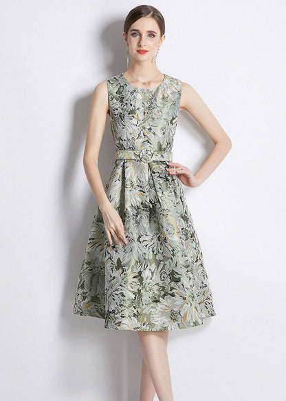 Green Jacquard Wrinkled Tie Waist Patchwork Cotton Mid Dress Sleeveless