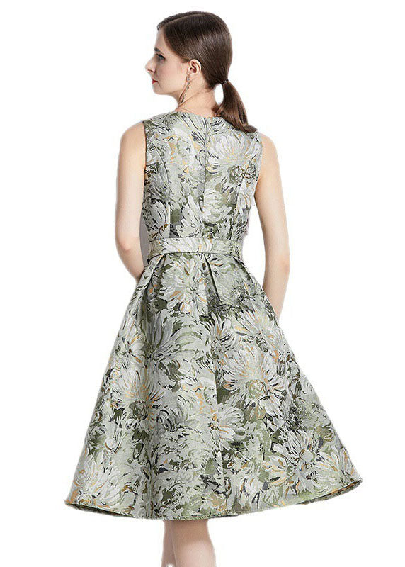 Green Jacquard Wrinkled Tie Waist Patchwork Cotton Mid Dress Sleeveless