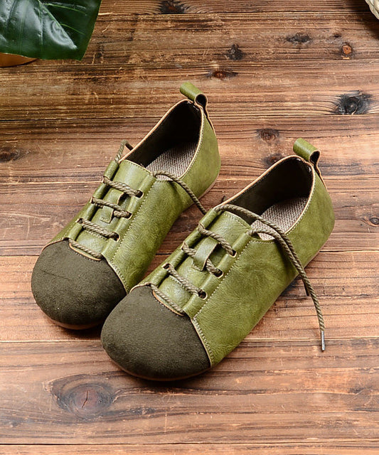 Green Lace Up Splicing Faux Leather Flat Shoes