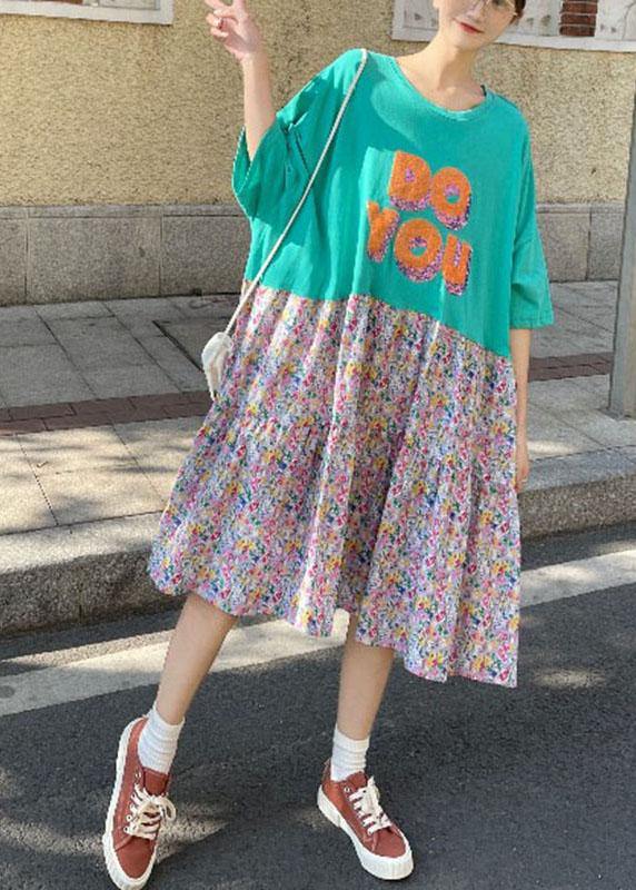 Green Loose Graphic a Line Summer Sundress Half Sleeve