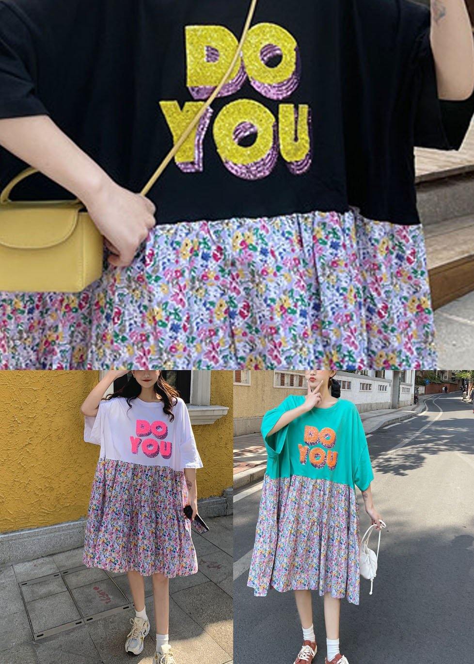 Green Loose Graphic a Line Summer Sundress Half Sleeve