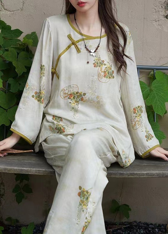 Green O Neck Button Print Cotton Two Pieces Set Long Sleeve