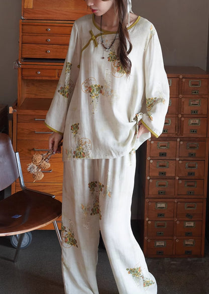 Green O Neck Button Print Cotton Two Pieces Set Long Sleeve