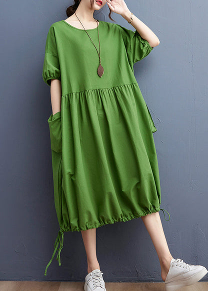 Green O-neck Cinched Drawstring Pocket Vacation Dresses Short Sleeve