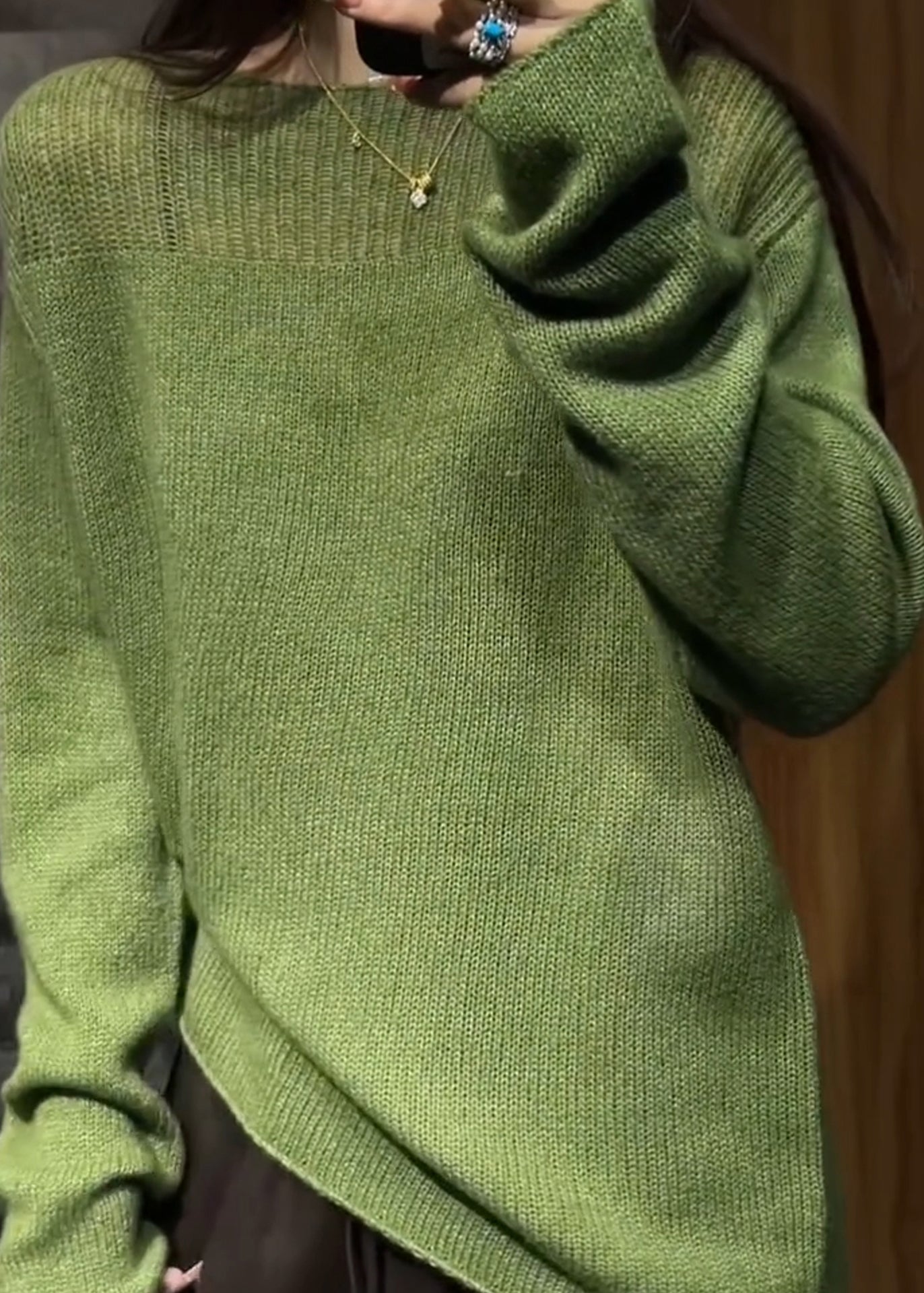 Green O Neck Hollow Out Cozy Knit Sweaters Fall