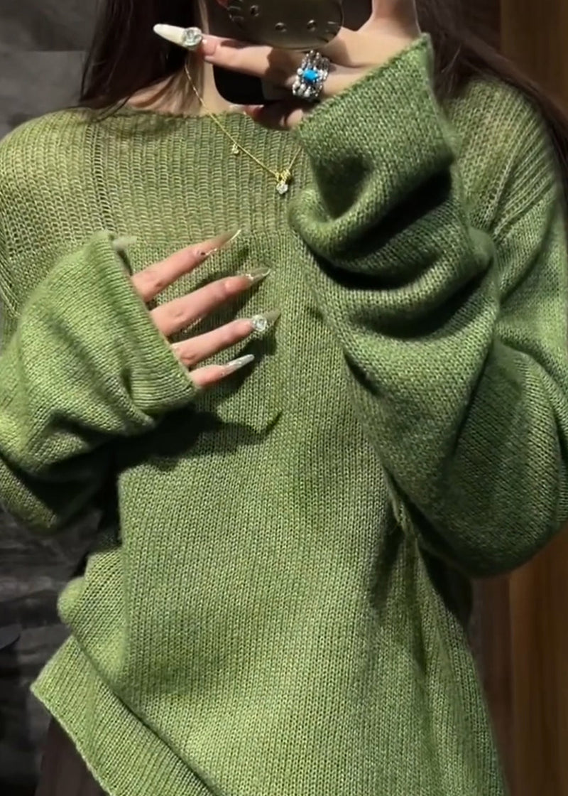 Green O Neck Hollow Out Cozy Knit Sweaters Fall