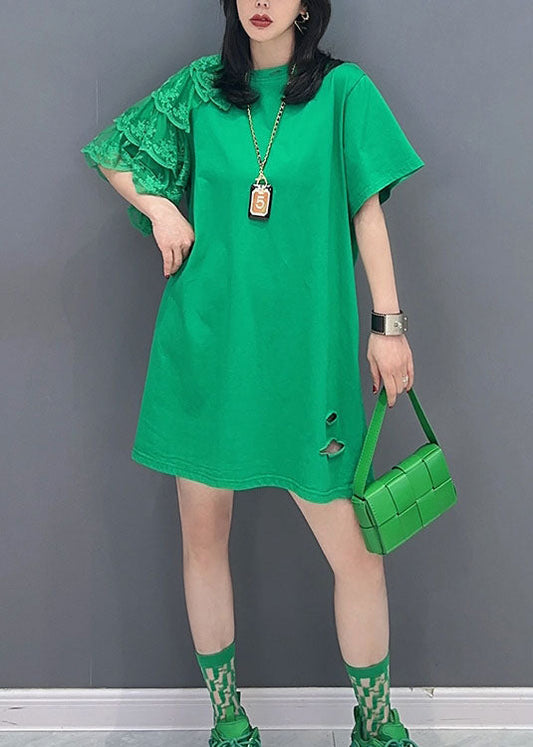 Green O Neck Lace Patchwork Cotton T Shirt Summer