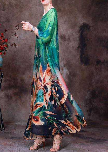 Green O-neck Oversized Print Pockets Silk Beach Dresses Bracelet Sleeve